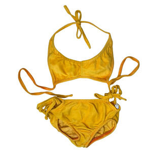 VTG Yellow Terry Cloth Bikini Set Girls Youth Small Tie Side Swimwear Retro 80s